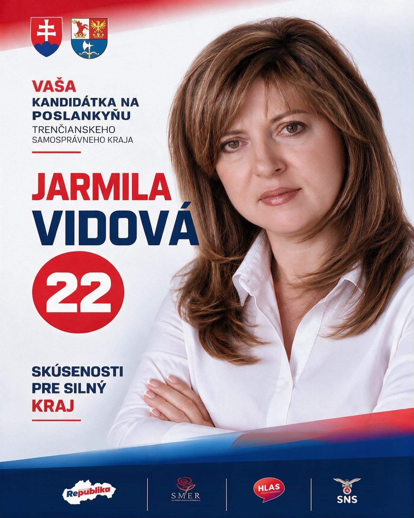 Volebný plagát: Jarmila Vidová, kandidátka na poslankyňu Trenčianskeho samosprávneho kraja, číslo 22